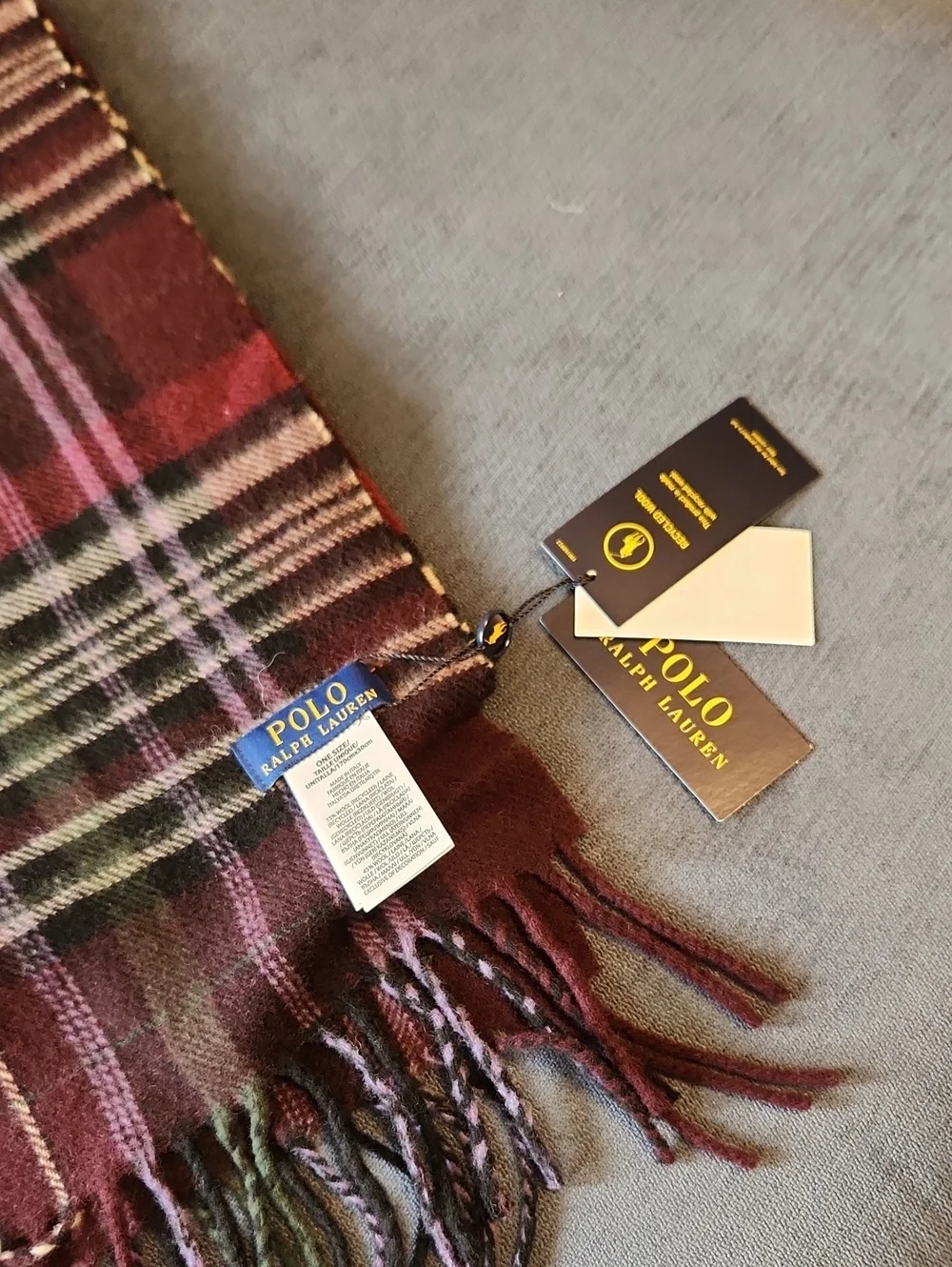 Polo by Ralph Lauren Burgundy, Green & Purple Plaid Wool Fringe Scarf